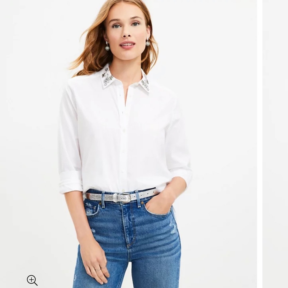 Loft White Button down with Jeweled Collar
